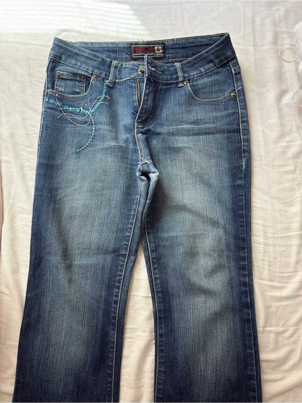 Modern Eternity Blue Denim Boot Cut Jeans with Teal Embroidery
